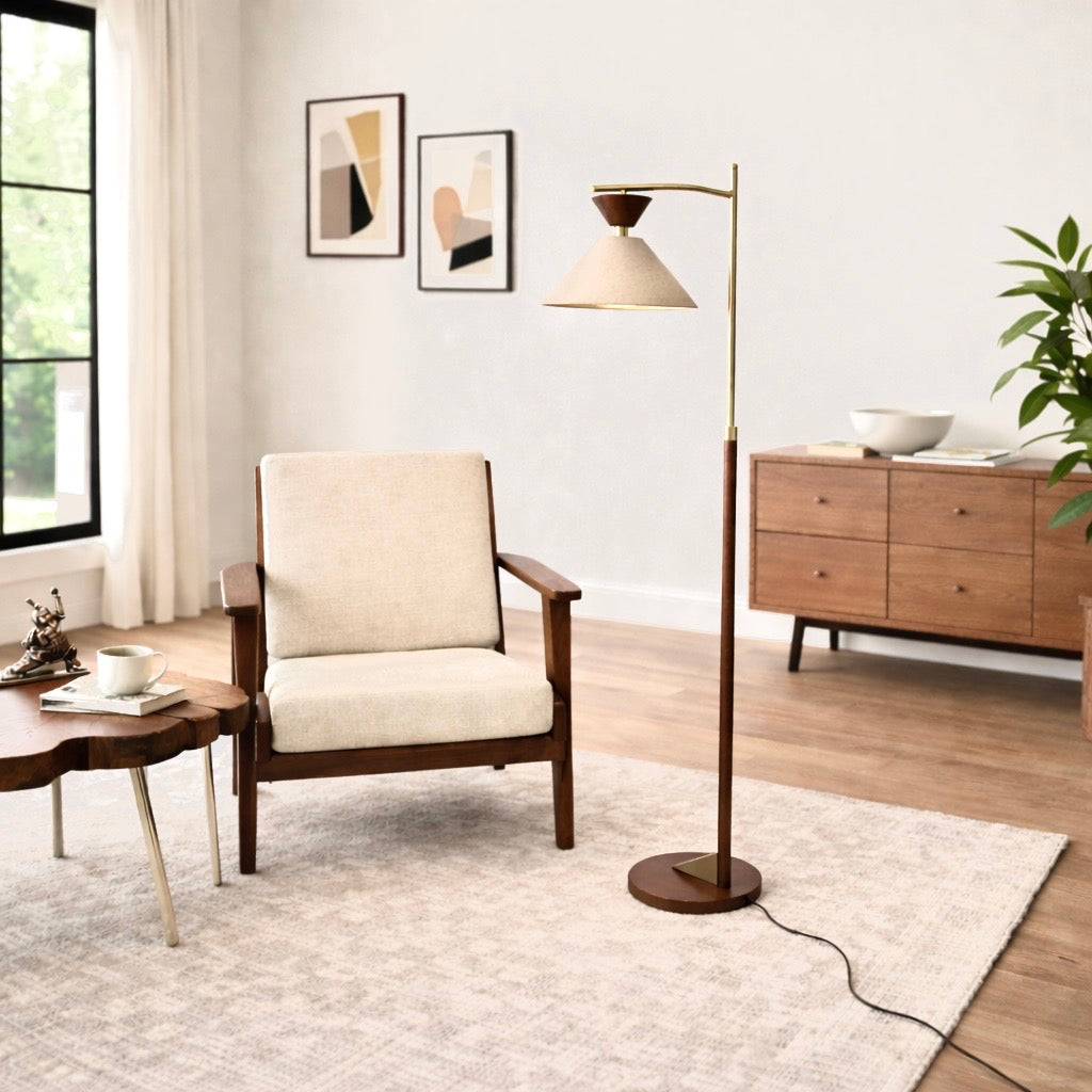 Zensa Floor Lamp | Mid-Century Brown Wood & Brushed Gold