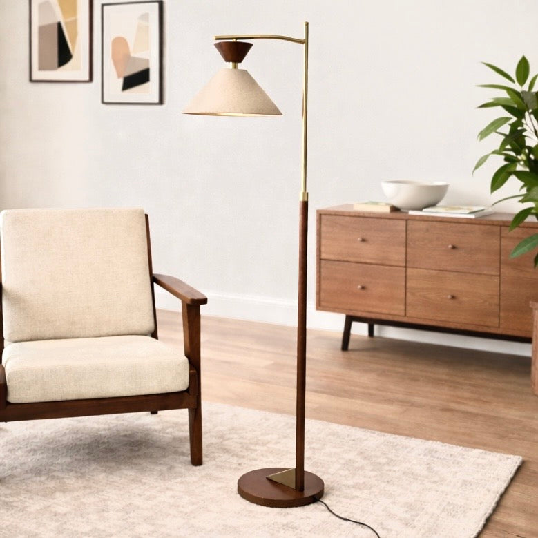 Zensa Floor Lamp | Mid-Century Brown Wood & Brushed Gold