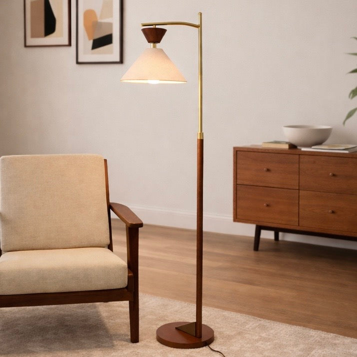 Zensa Floor Lamp | Mid-Century Brown Wood & Brushed Gold