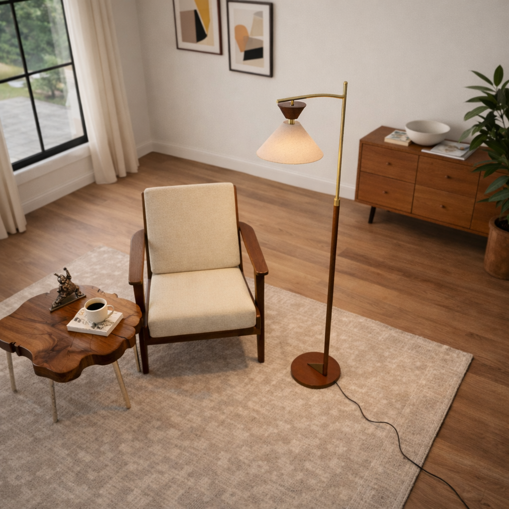 Zensa Floor Lamp | Mid-Century Brown Wood & Brushed Gold