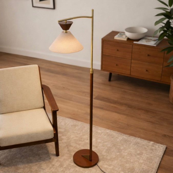 Zensa Floor Lamp | Mid-Century Brown Wood & Brushed Gold